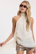 SHEER CHIFFON MOCK NECK BACKLESS LIGHTWEIGHT TOP
