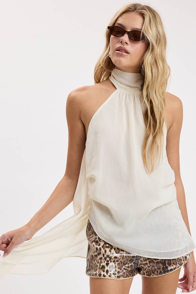 SHEER CHIFFON MOCK NECK BACKLESS LIGHTWEIGHT TOP