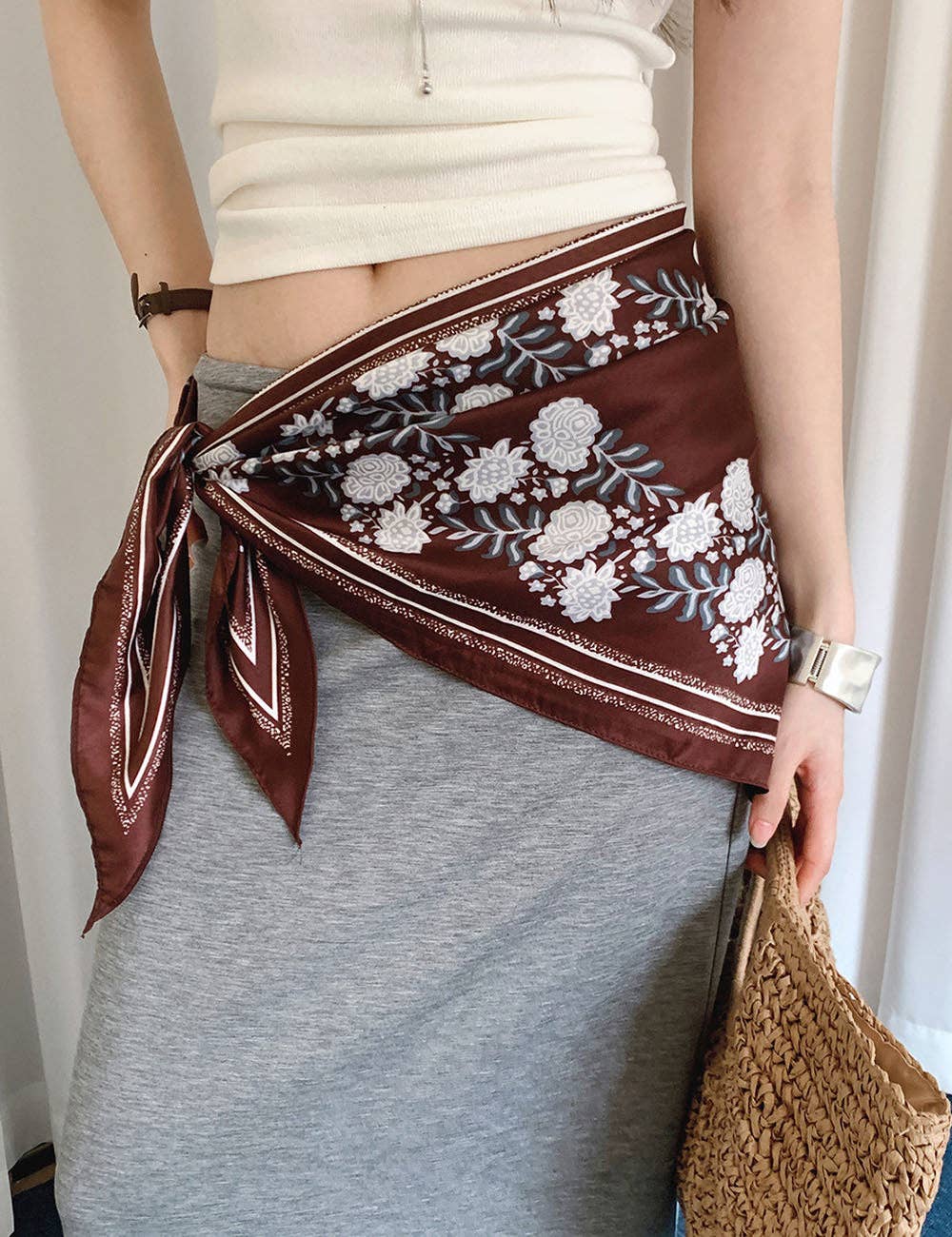 Retro Floral Print Waist Belt Silk Scarf MK2BLW6W6NSI45: Coffee