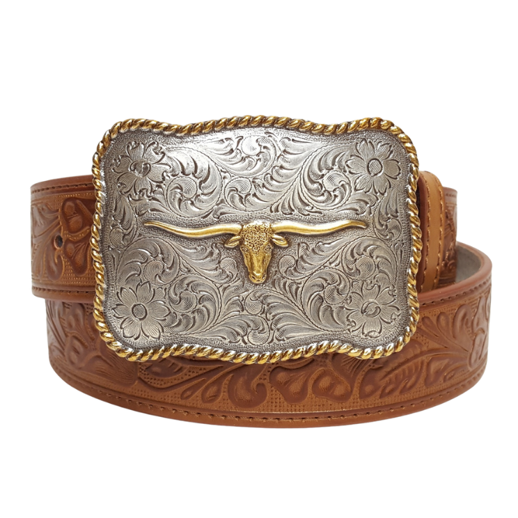 Long Horn Western Buckle w. Tooled Floral Belt