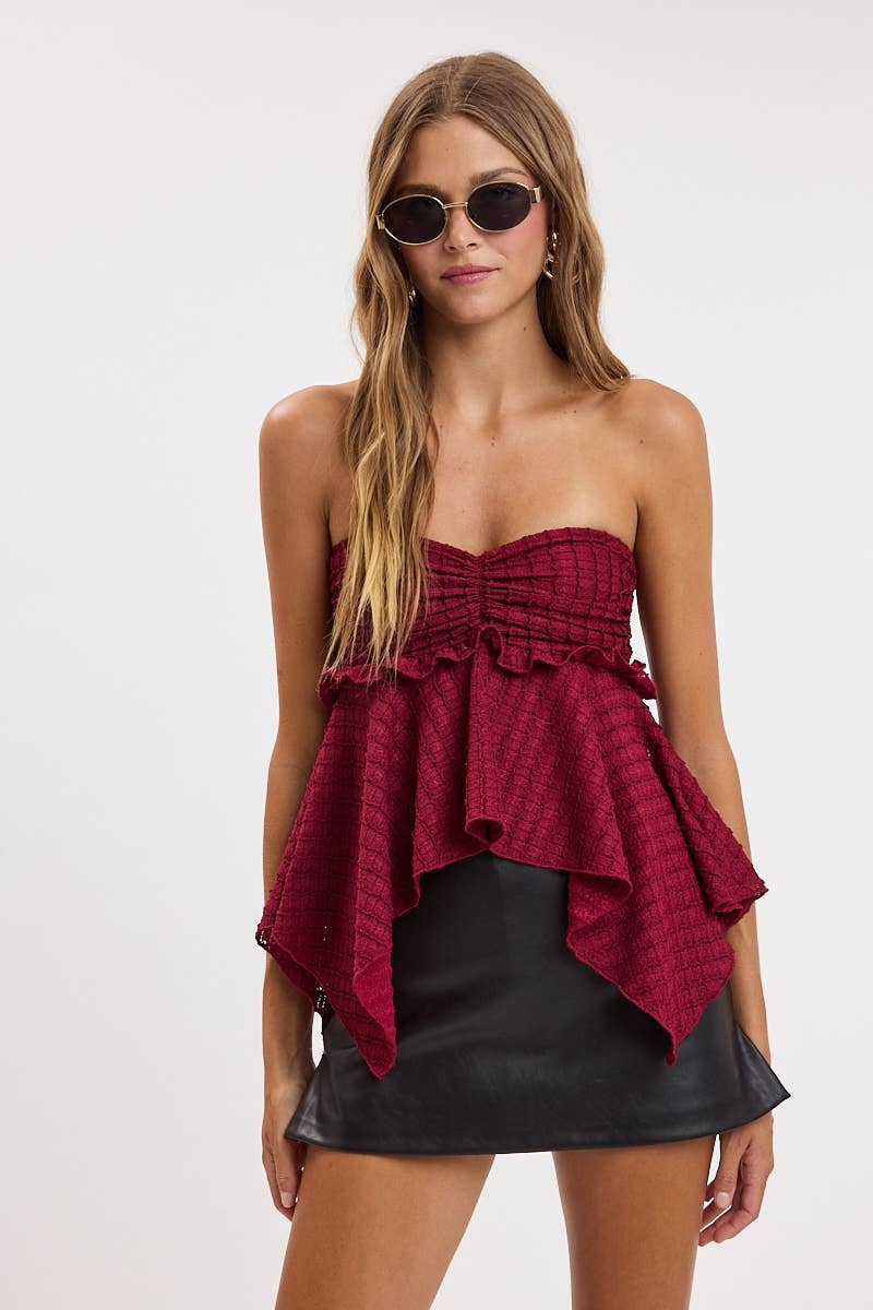 TEXTUERED WAFFLE-KNIT HIGH-LOW SMOCKED TUBE TOP