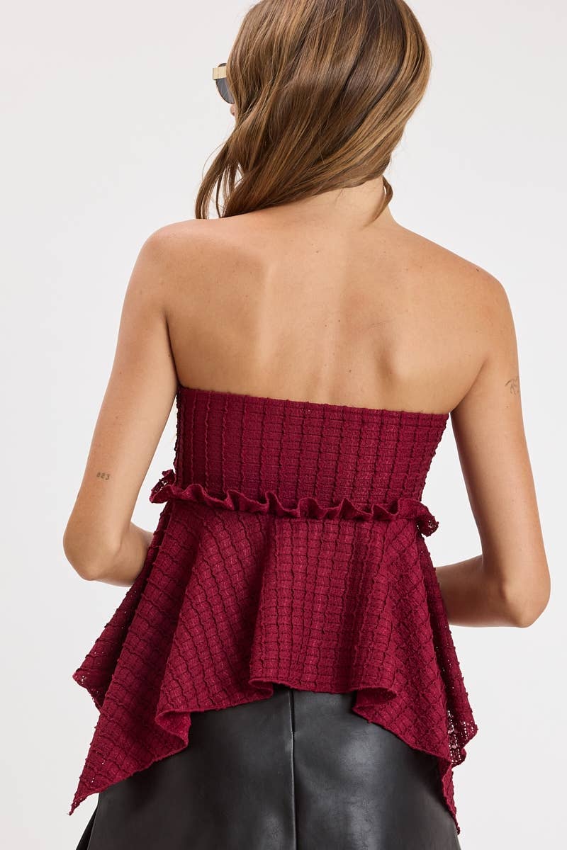 TEXTUERED WAFFLE-KNIT HIGH-LOW SMOCKED TUBE TOP