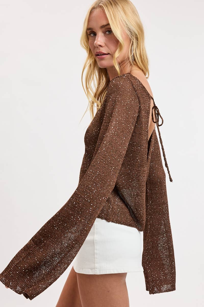 SEQUINED DETAIL BOAT NECK FLARE SLEEVE KNIT TOP