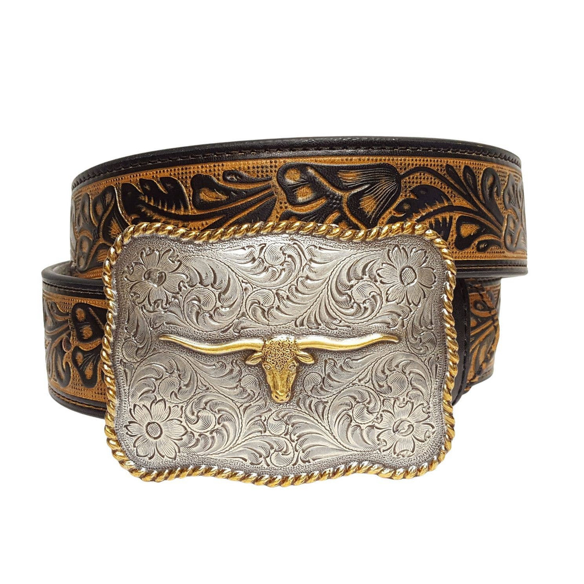 Long Horn Western Buckle w. Tooled Floral Belt
