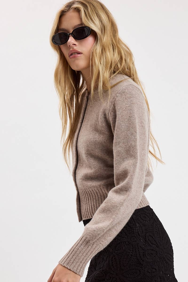 CREW NECK LONG SLEEVE FRONT BUTTONS KNIT SWEATER