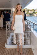 Strapless circle Lace Fringe Midi Tube Dress