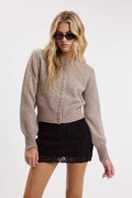 CREW NECK LONG SLEEVE FRONT BUTTONS KNIT SWEATER