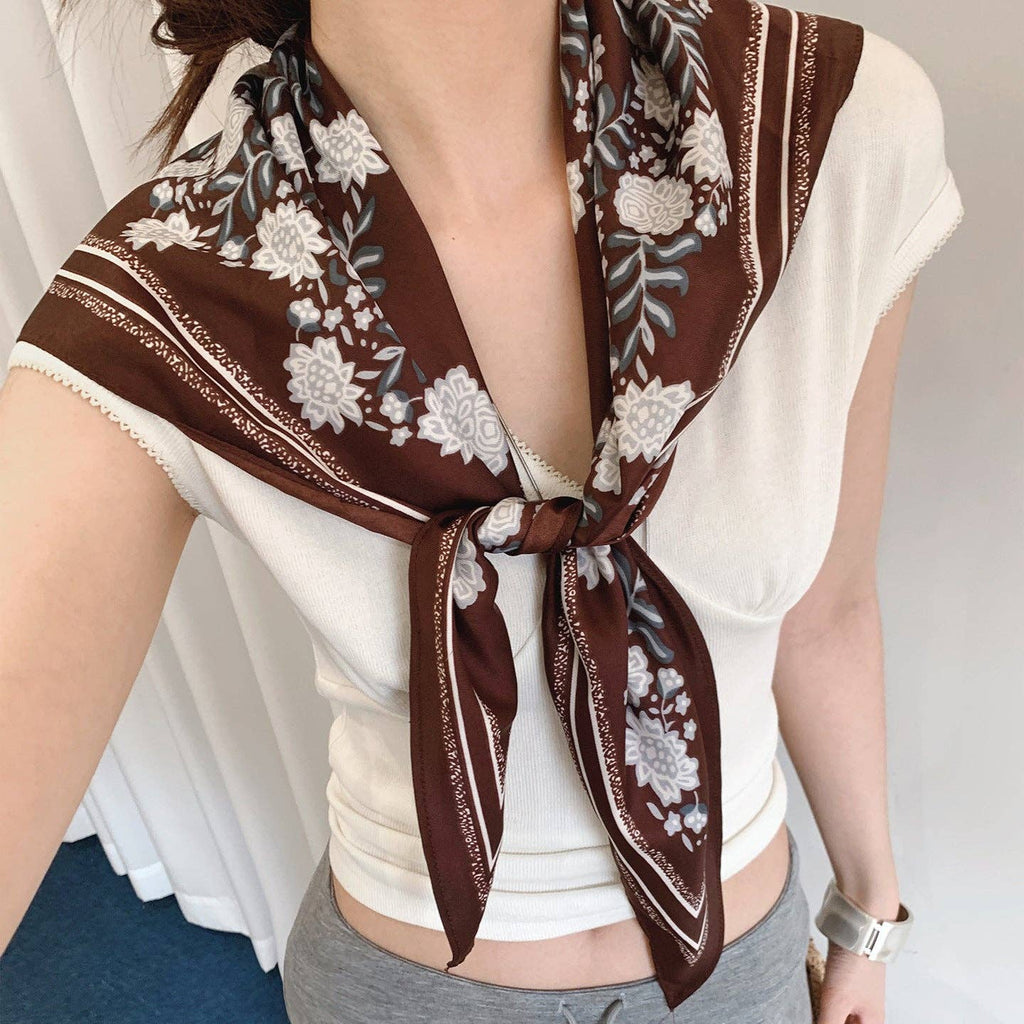 Retro Floral Print Waist Belt Silk Scarf MK2BLW6W6NSI45: Coffee