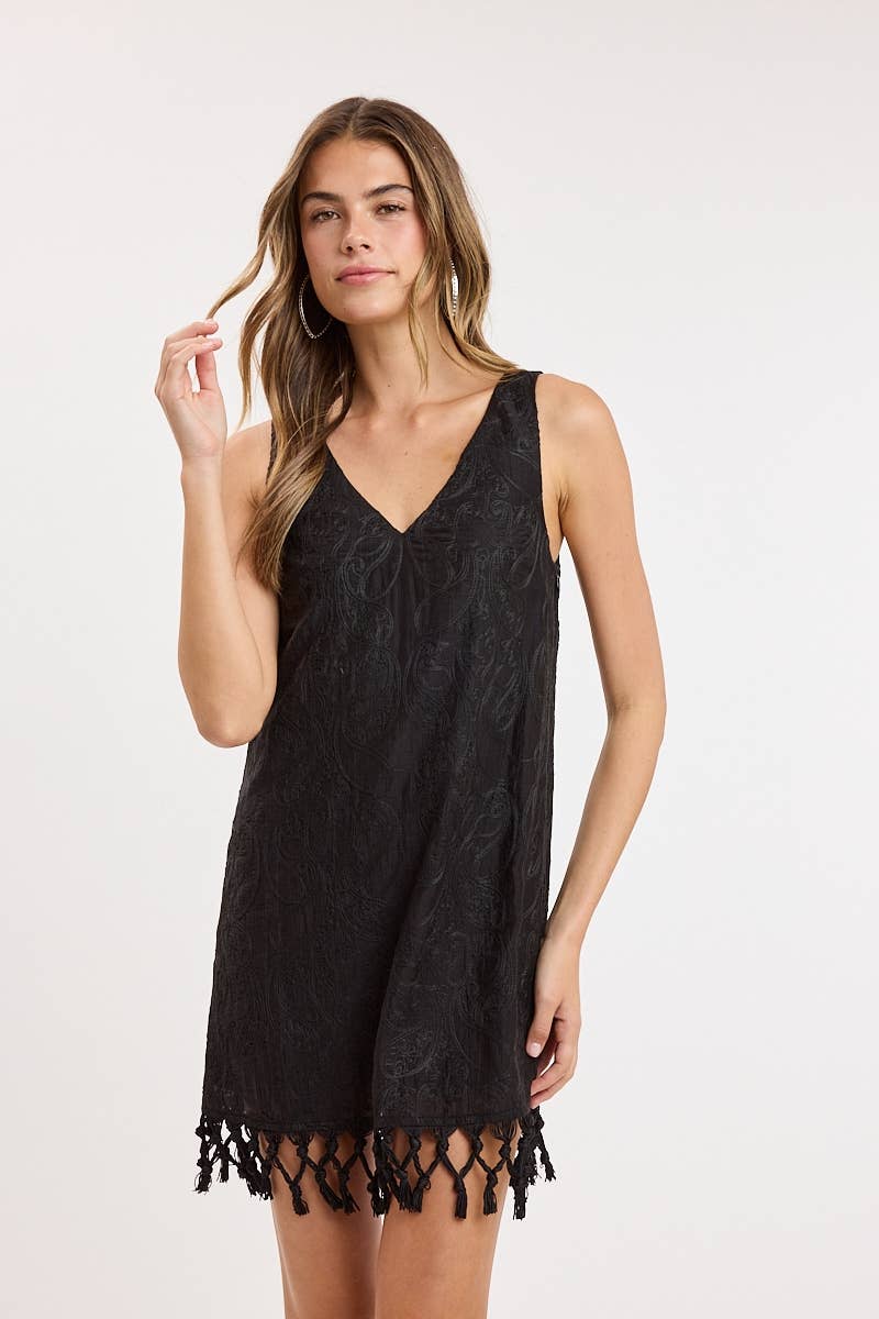 TASSEL ACCENT EMBROIDERED SHEER SLIP MINI DRESS