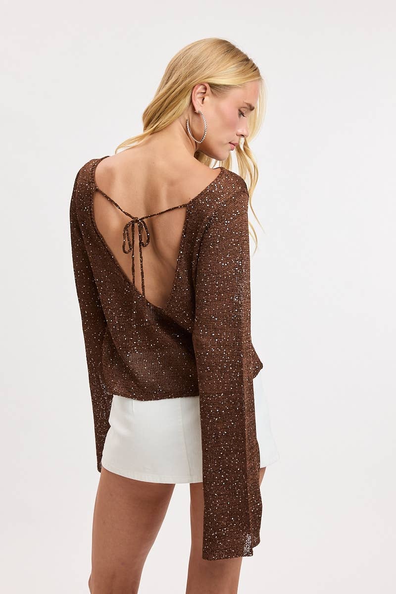 SEQUINED DETAIL BOAT NECK FLARE SLEEVE KNIT TOP