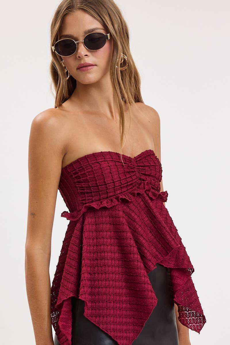 TEXTUERED WAFFLE-KNIT HIGH-LOW SMOCKED TUBE TOP