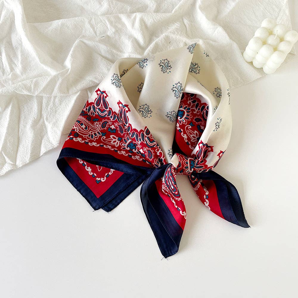 Simple Paisley Print Square Satin Scarf MK2BLW6W6NSI145: Black-7373#