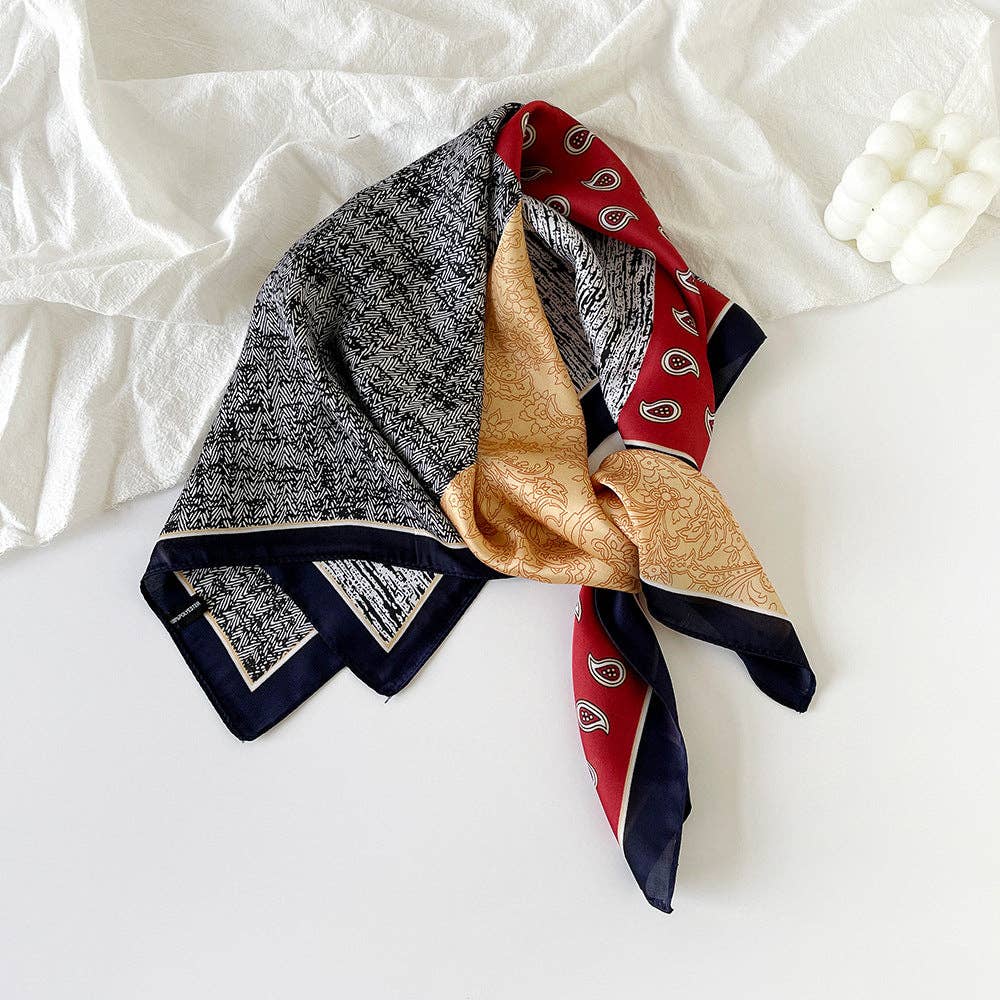 Simple Paisley Print Square Satin Scarf MK2BLW6W6NSI145: Black-7373#