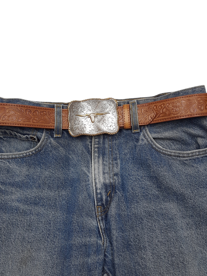 Long Horn Western Buckle w. Tooled Floral Belt