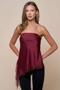 Satin Asymmetrical Strapless Top W/Lace Trim