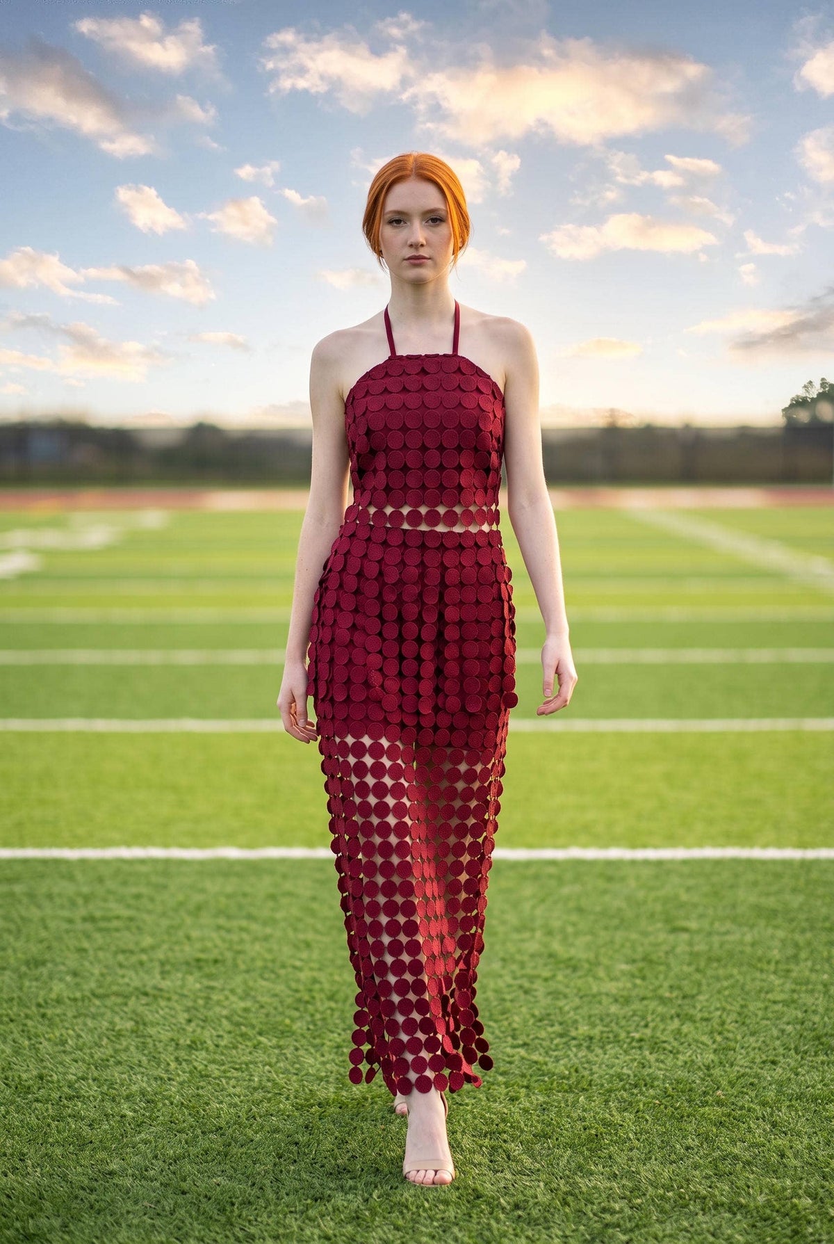 Dot Lace Halter Top & Sheer Maxi Skirt Set