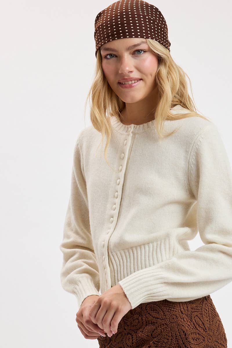 CREW NECK LONG SLEEVE FRONT BUTTONS KNIT SWEATER