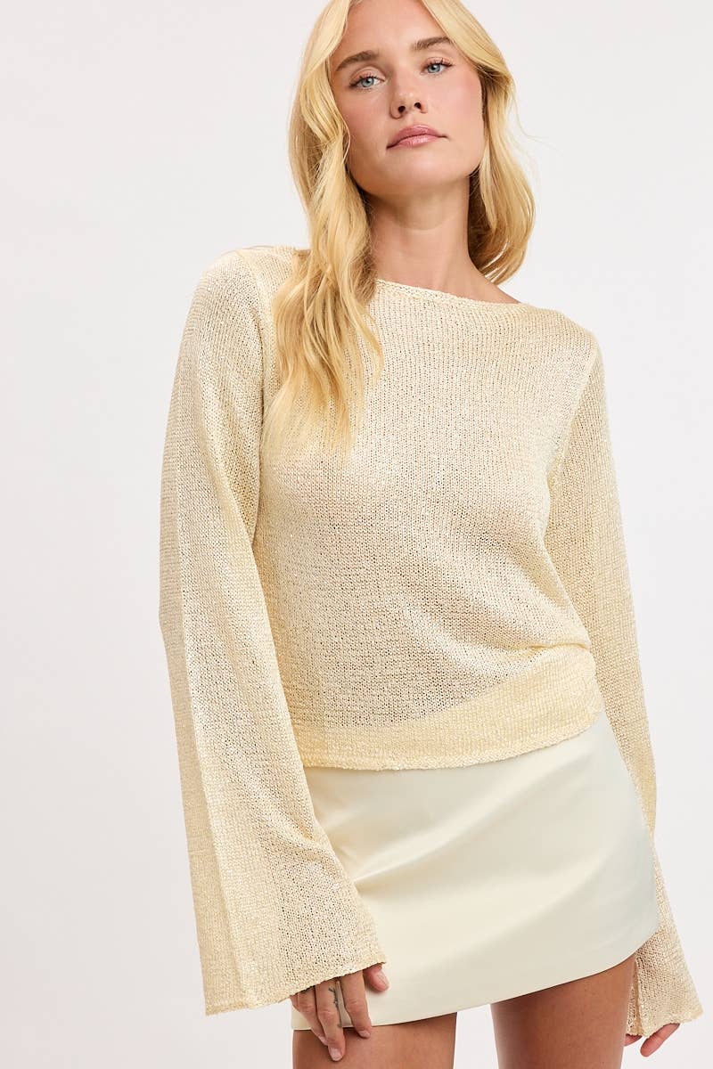 SEQUINED DETAIL BOAT NECK FLARE SLEEVE KNIT TOP