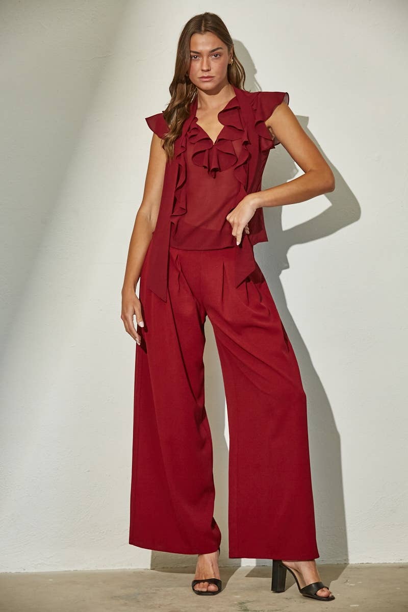 Ruffled V-Neck Chiffon Woven Top with Front Ties: BURGUNDY