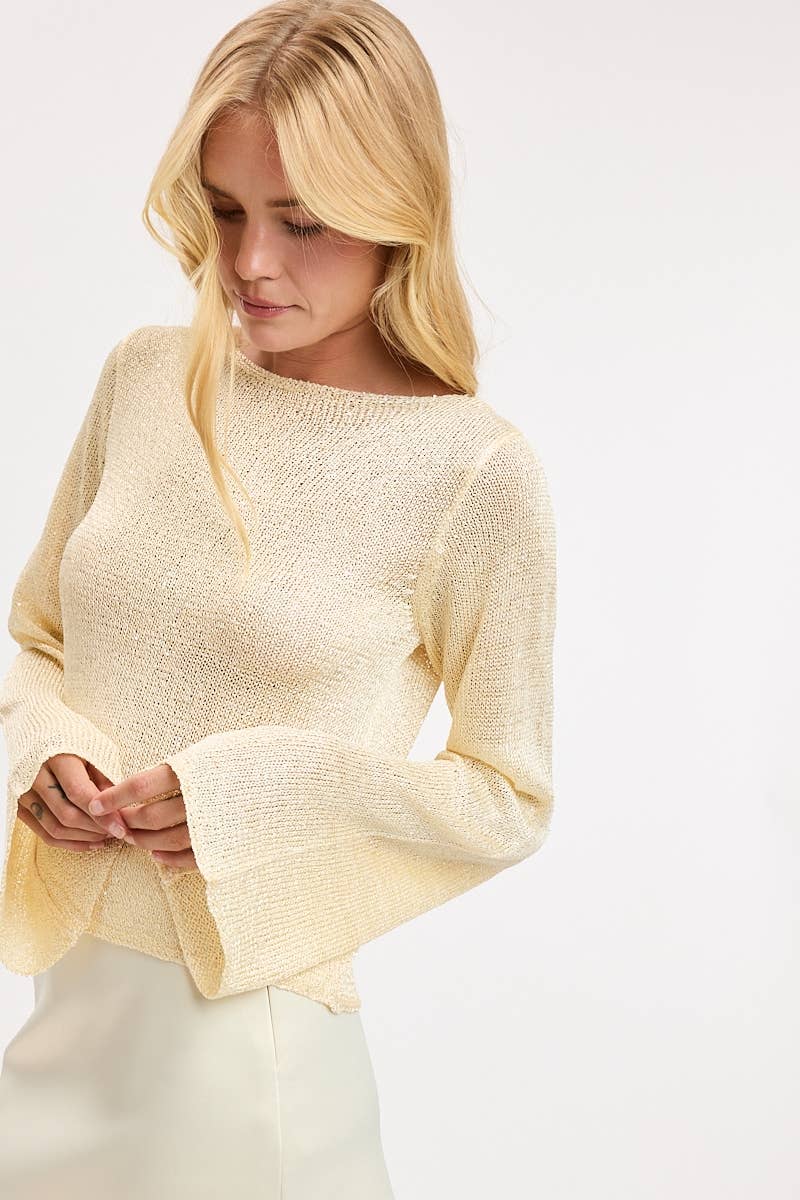 SEQUINED DETAIL BOAT NECK FLARE SLEEVE KNIT TOP