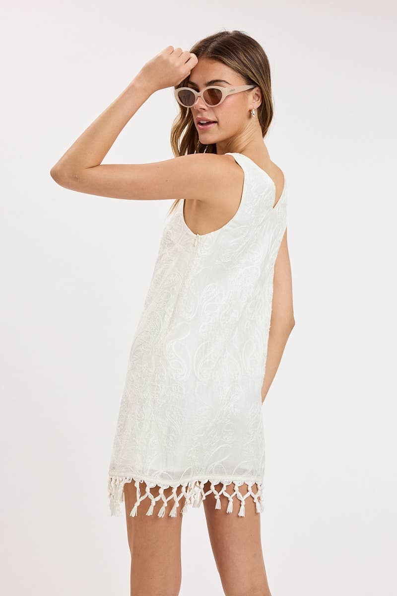 TASSEL ACCENT EMBROIDERED SHEER SLIP MINI DRESS