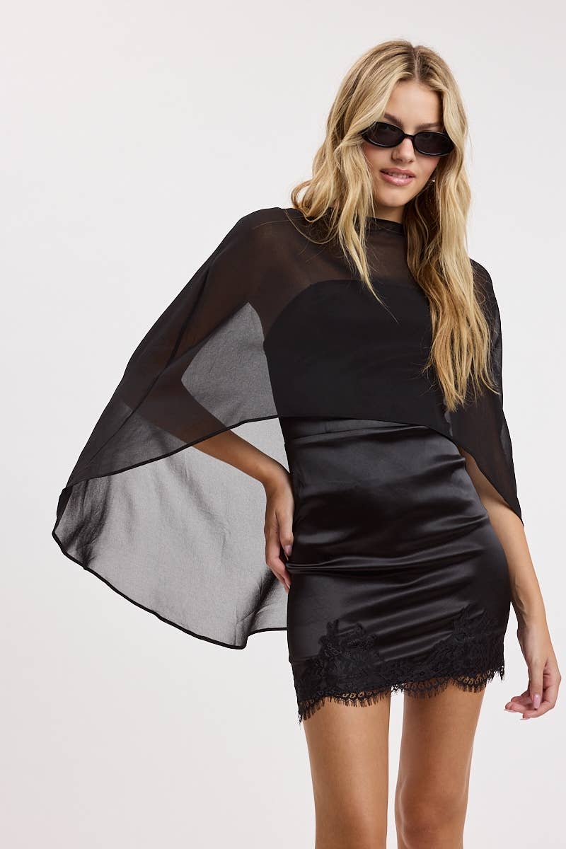 SEMI-SHEER CAPE OVERLAY LACE TUBE MINI DRESS
