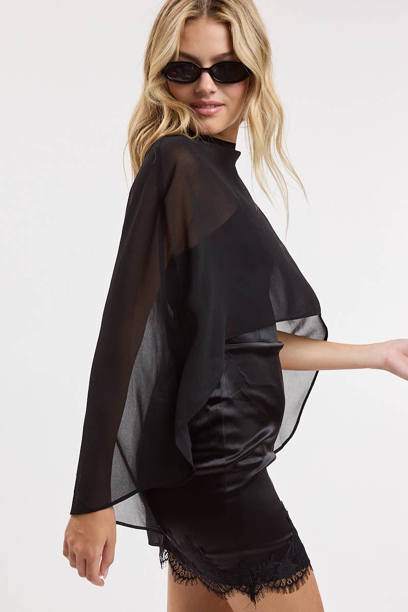 SEMI-SHEER CAPE OVERLAY LACE TUBE MINI DRESS