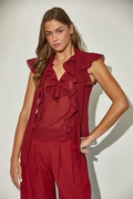 Ruffled V-Neck Chiffon Woven Top with Front Ties: BURGUNDY