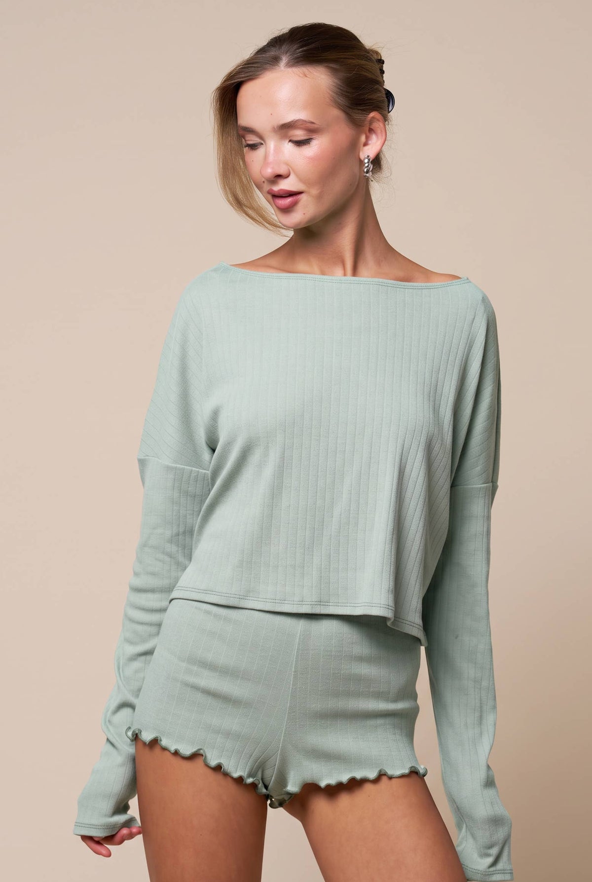 Long Sleeve Ribbed Lounge Short Set
