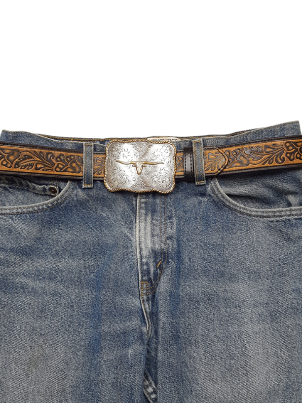 Long Horn Western Buckle w. Tooled Floral Belt
