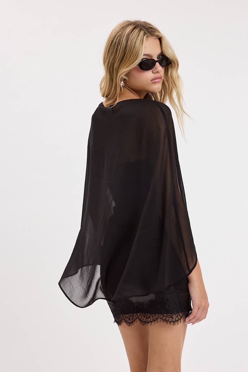SEMI-SHEER CAPE OVERLAY LACE TUBE MINI DRESS