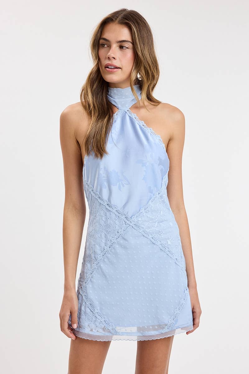 JACQUARD SATIN CLIP DOT LACE  PATCHWORK MINI DRESS