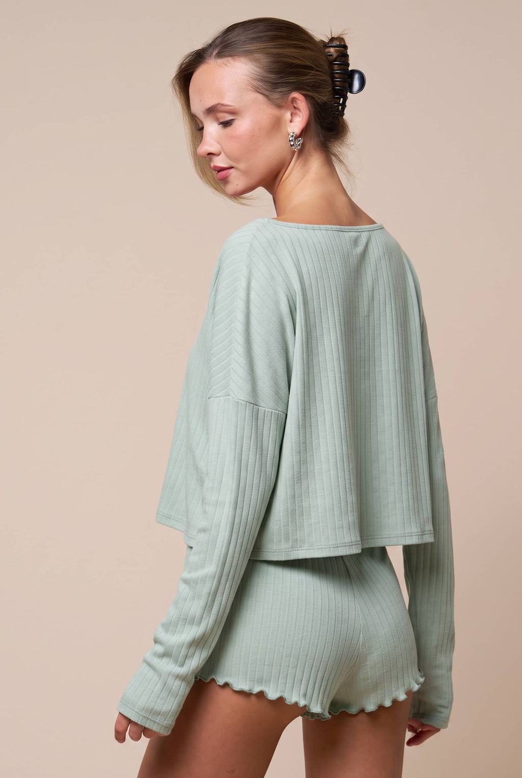Long Sleeve Ribbed Lounge Short Set