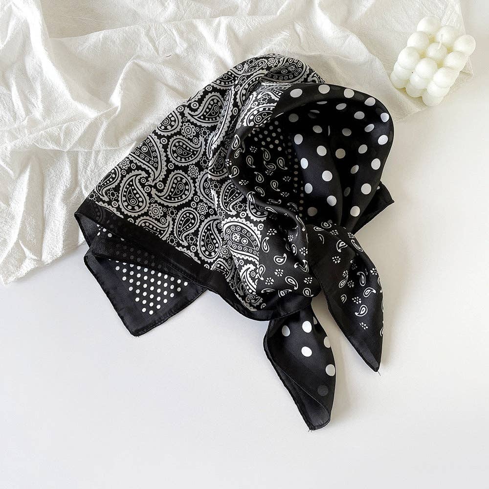 Simple Paisley Print Square Satin Scarf MK2BLW6W6NSI145: Black-7373#