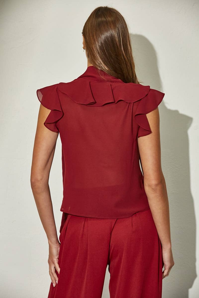 Ruffled V-Neck Chiffon Woven Top with Front Ties: BURGUNDY