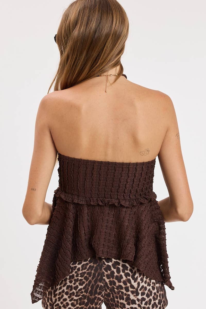 TEXTUERED WAFFLE-KNIT HIGH-LOW SMOCKED TUBE TOP