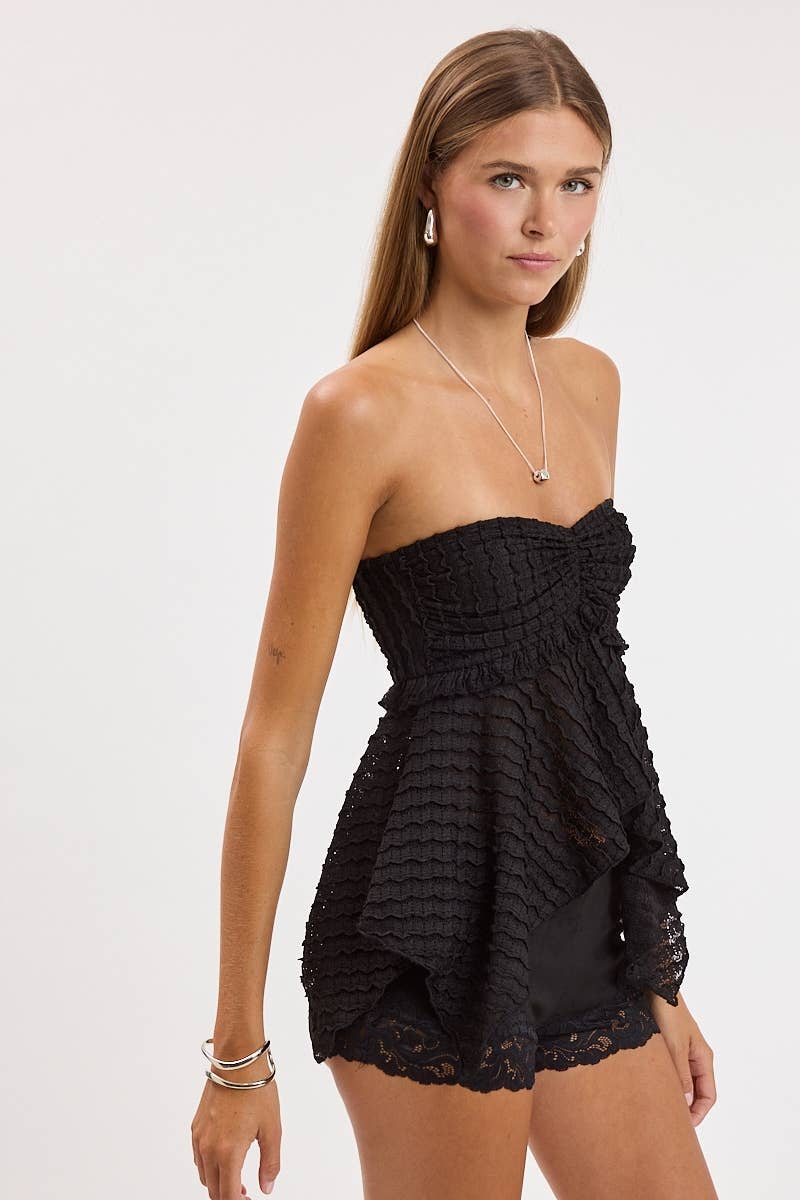 TEXTUERED WAFFLE-KNIT HIGH-LOW SMOCKED TUBE TOP