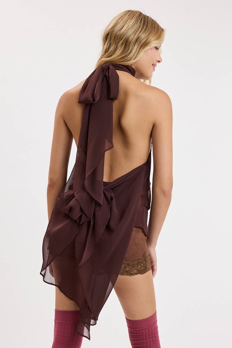 SHEER CHIFFON MOCK NECK BACKLESS LIGHTWEIGHT TOP