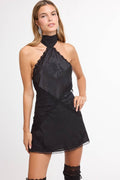 JACQUARD SATIN CLIP DOT LACE  PATCHWORK MINI DRESS