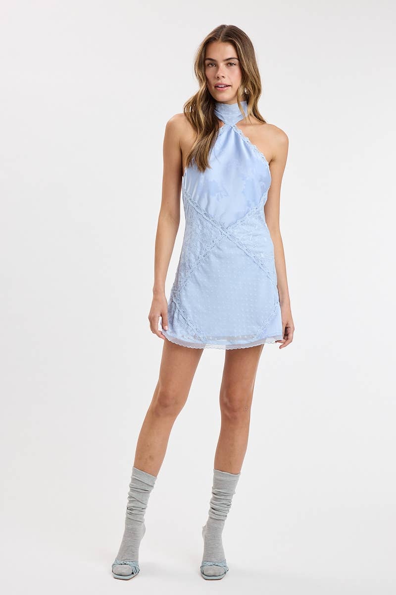JACQUARD SATIN CLIP DOT LACE  PATCHWORK MINI DRESS