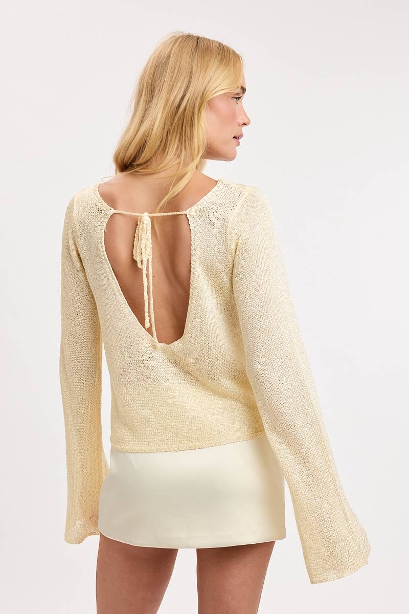 SEQUINED DETAIL BOAT NECK FLARE SLEEVE KNIT TOP