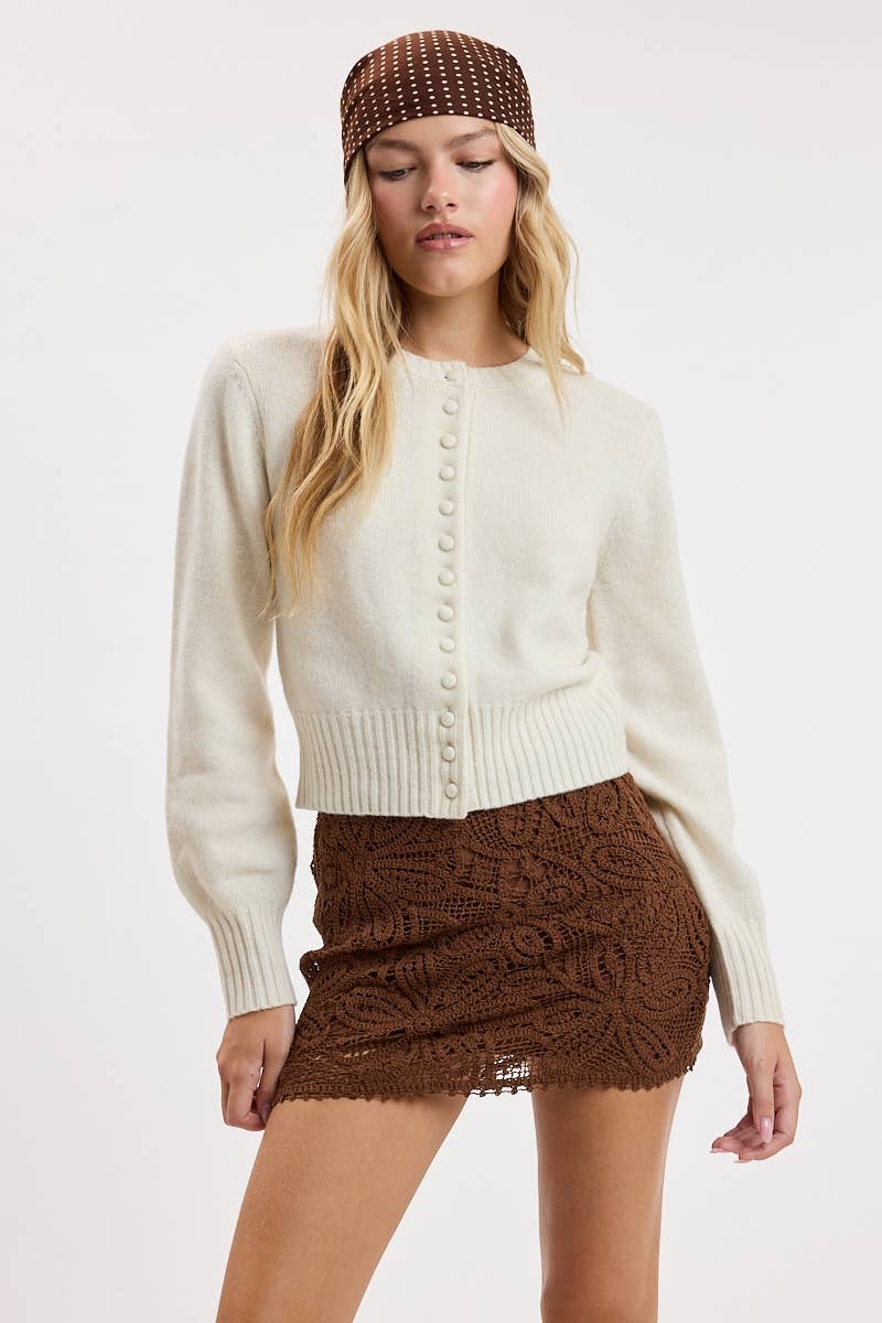 CREW NECK LONG SLEEVE FRONT BUTTONS KNIT SWEATER