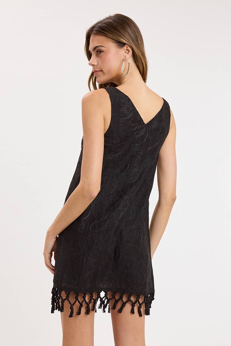 TASSEL ACCENT EMBROIDERED SHEER SLIP MINI DRESS