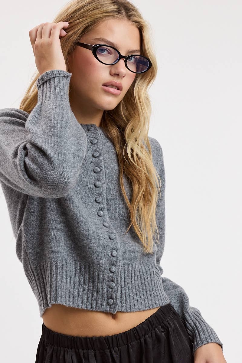 CREW NECK LONG SLEEVE FRONT BUTTONS KNIT SWEATER